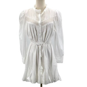 AaKaa SZ M White Lace Cotton Belted Long Sleeve Flutter Mini Dress NWT B21